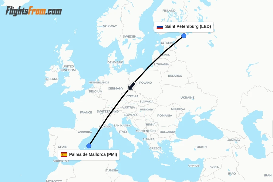 Flights from Saint Petersburg to Palma de Mallorca route map