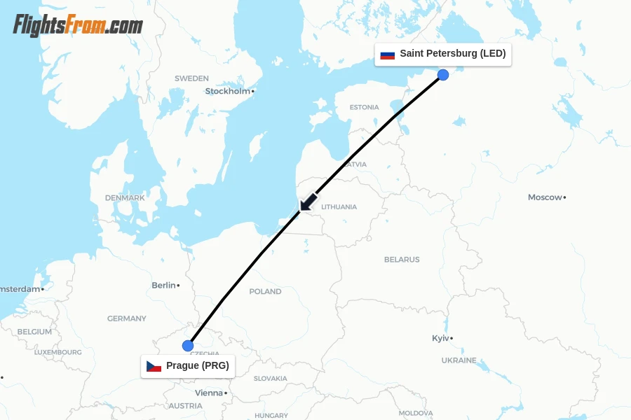 Flights from Saint Petersburg to Prague route map