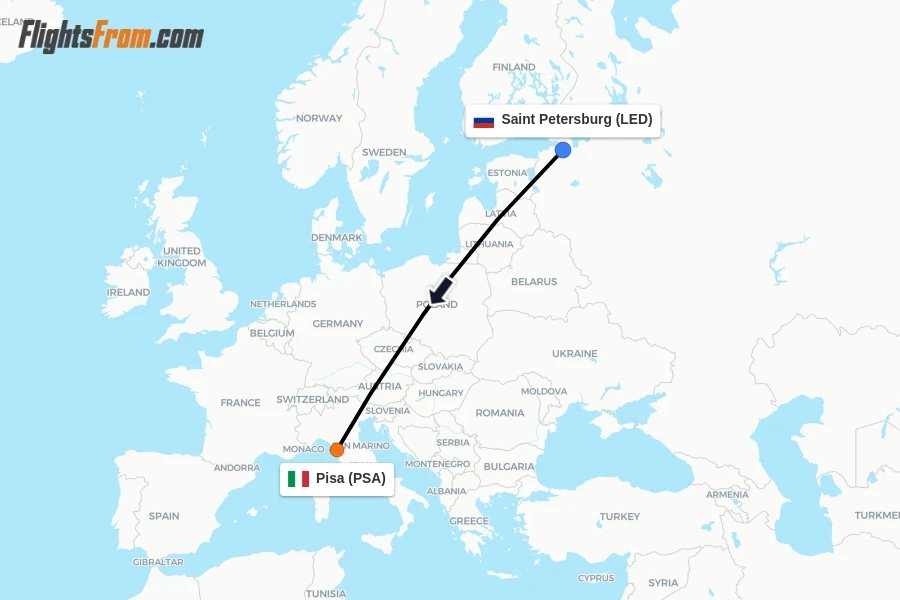 Flights from Saint Petersburg to Pisa route map