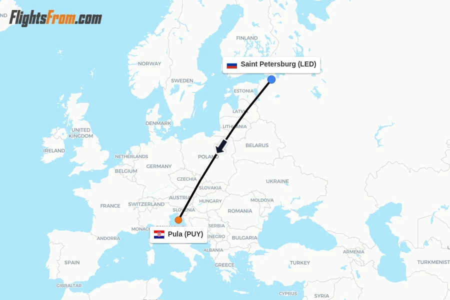 Flights from Saint Petersburg to Pula route map