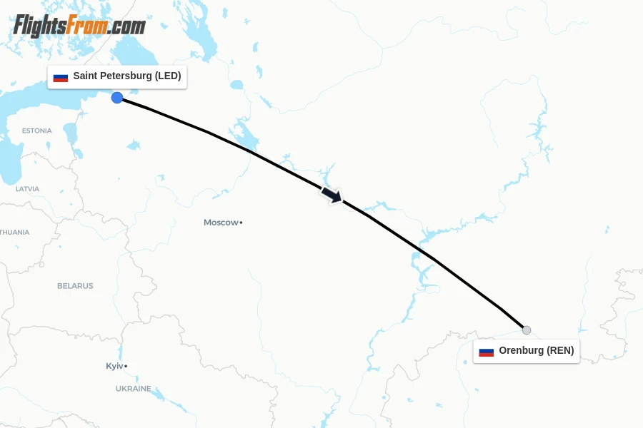 Flights from Saint Petersburg to Orenburg route map