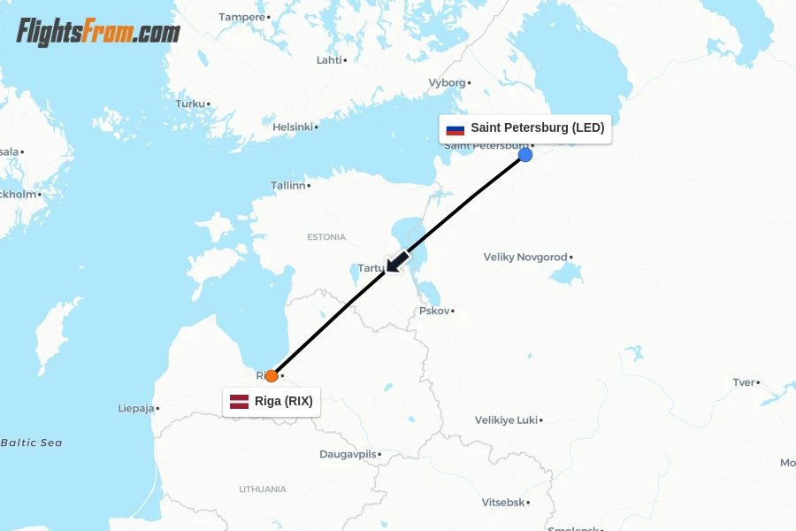Flights from Saint Petersburg to Riga route map