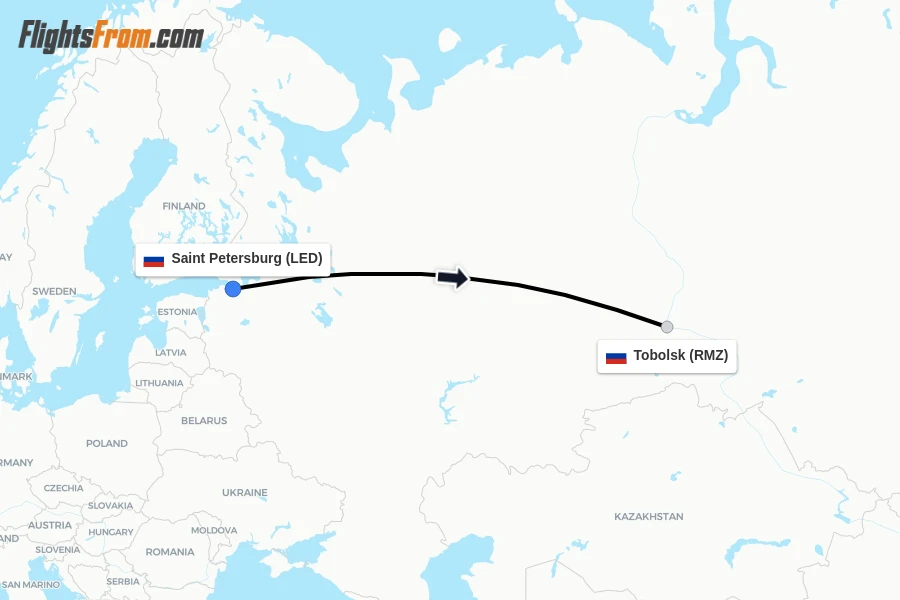 Flights from Saint Petersburg to Tobolsk route map