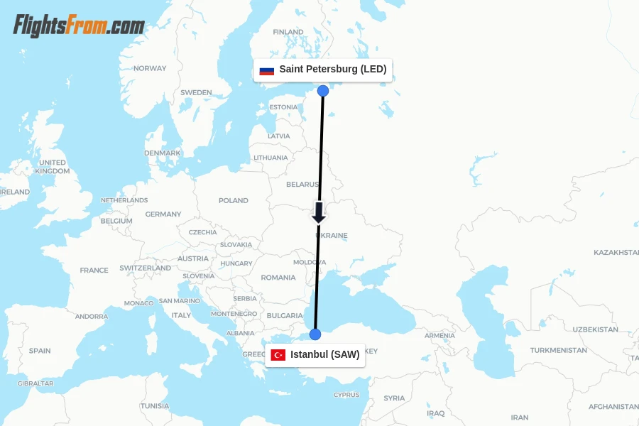 Flights from Saint Petersburg to Istanbul route map