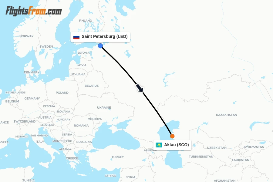 Flights from Saint Petersburg to Aktau route map