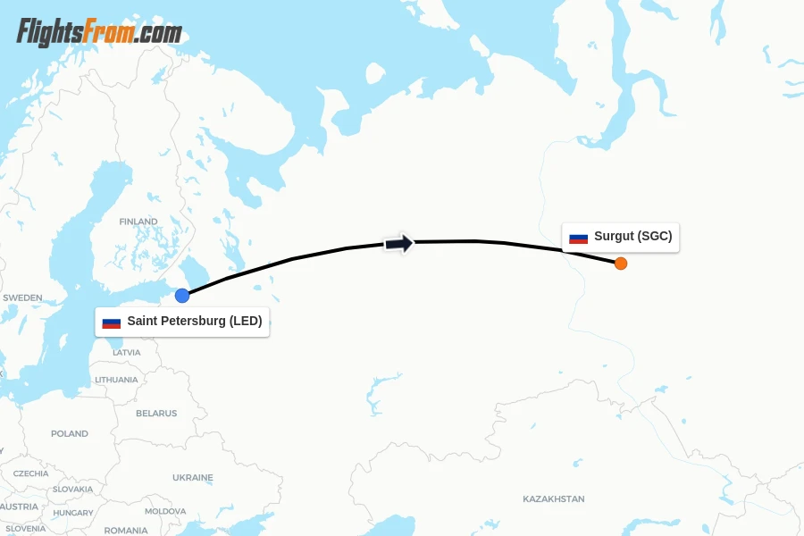 Flights from Saint Petersburg to Surgut route map