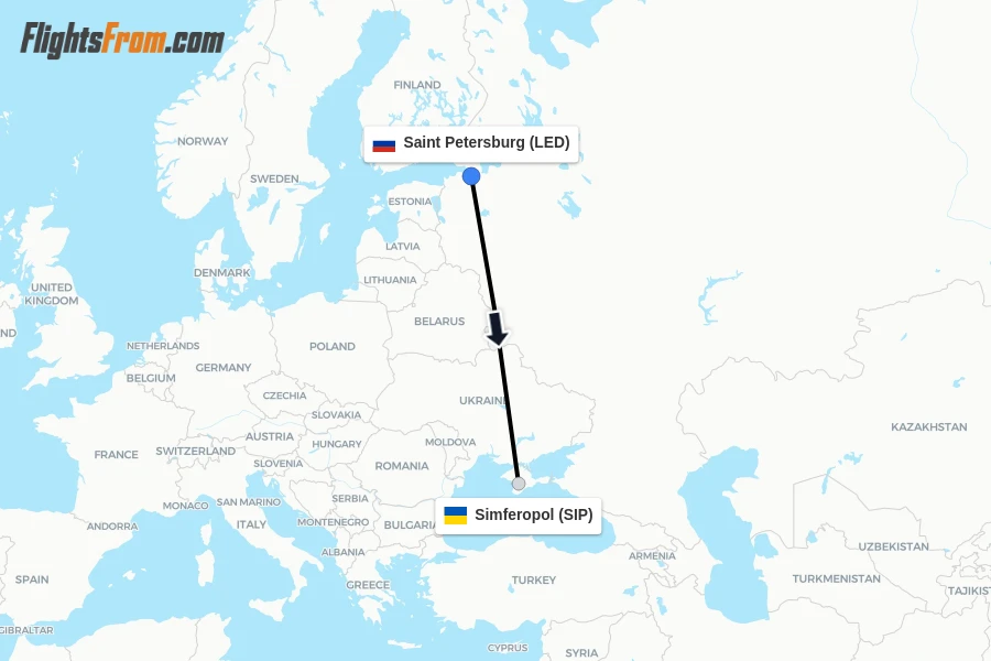Flights from Saint Petersburg to Simferopol route map