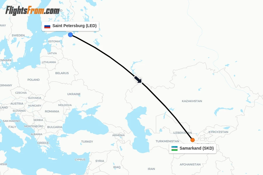 Flights from Saint Petersburg to Samarkand route map