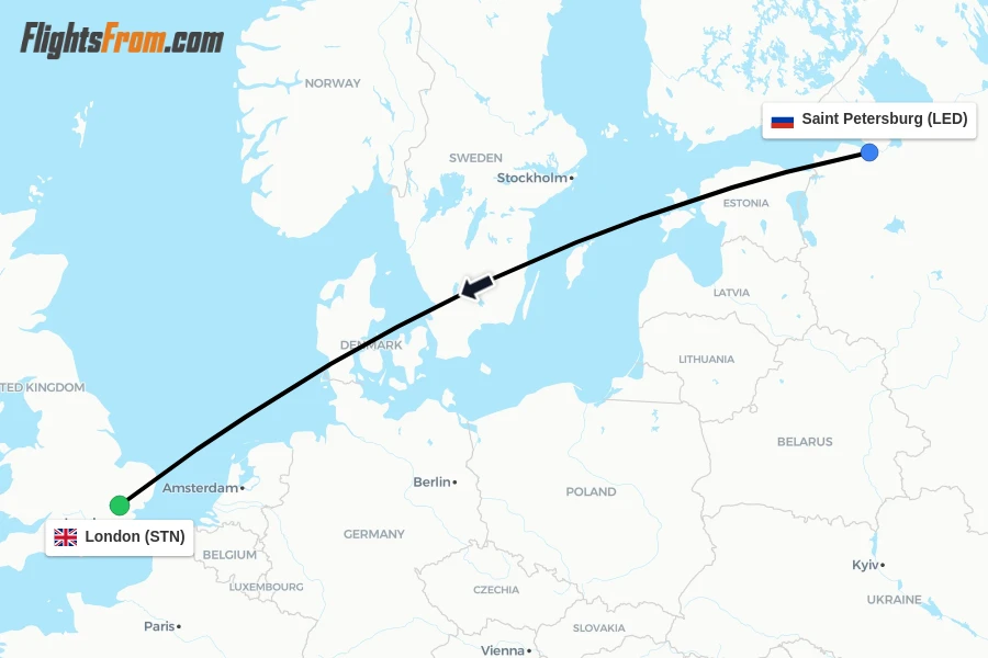 Flights from Saint Petersburg to London route map