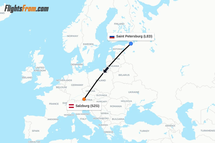 Flights from Saint Petersburg to Salzburg route map