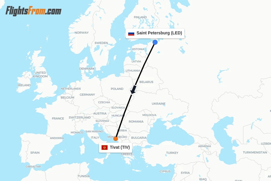 Flights from Saint Petersburg to Tivat route map
