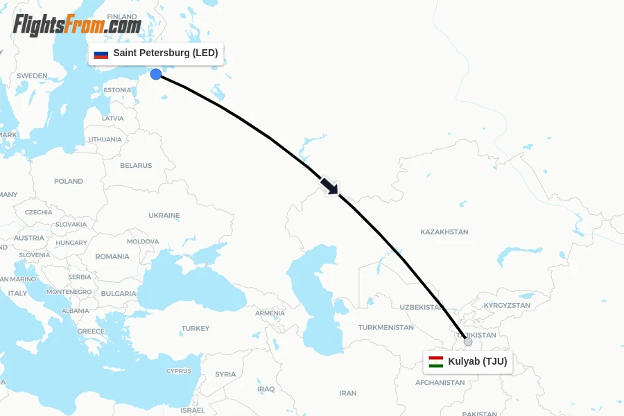 Flights from Saint Petersburg to Kulyab route map