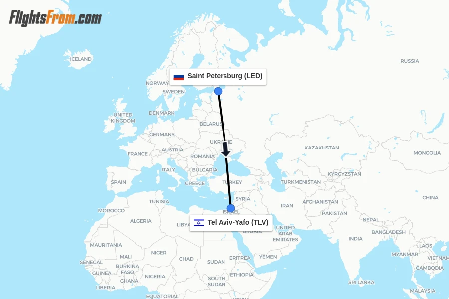 Flights from Saint Petersburg to Tel Aviv-Yafo route map
