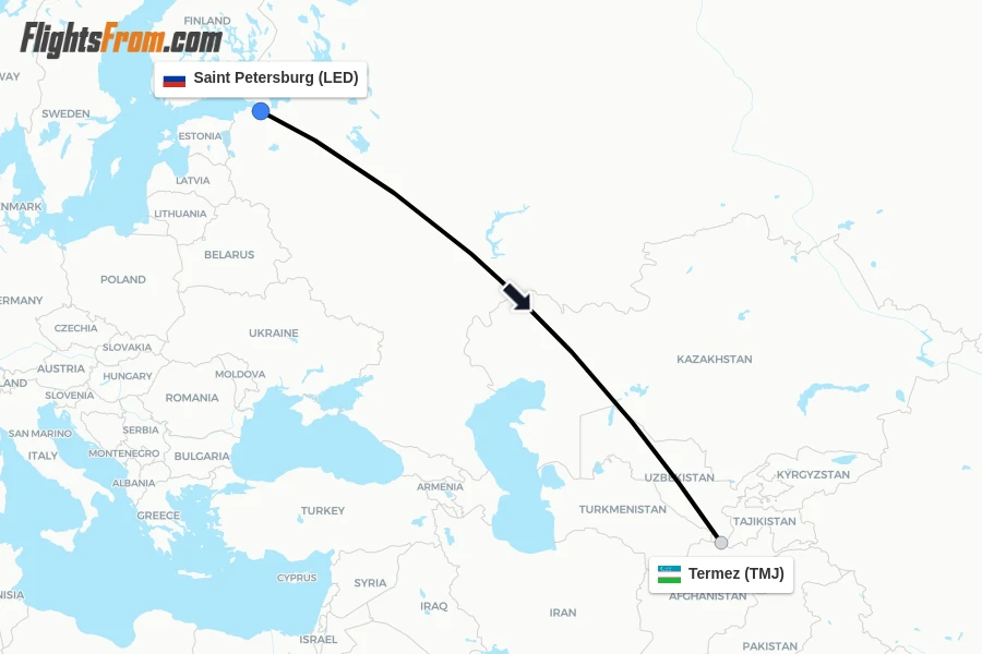 Flights from Saint Petersburg to Termez route map