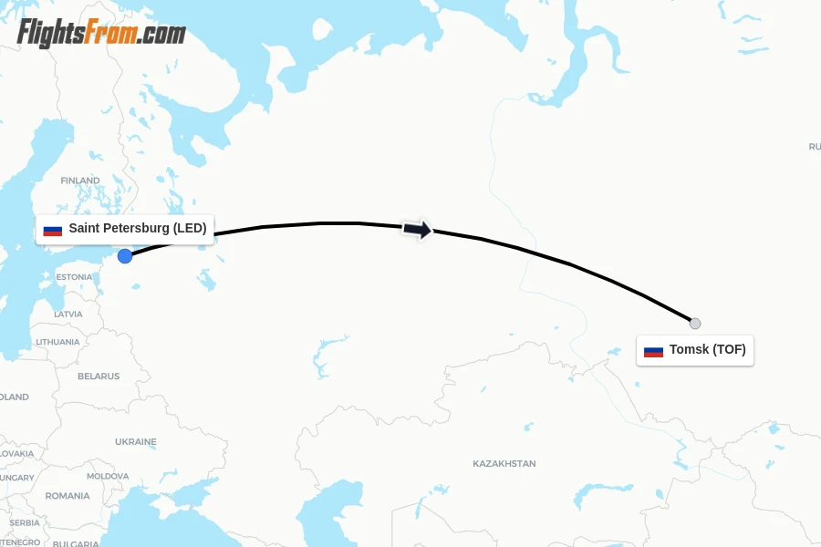 Flights from Saint Petersburg to Tomsk route map