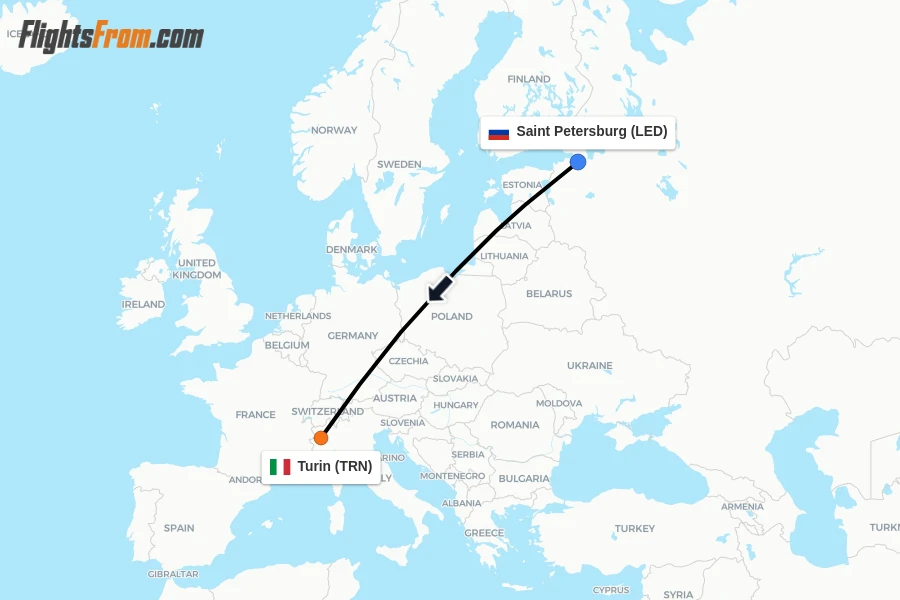 Flights from Saint Petersburg to Turin route map