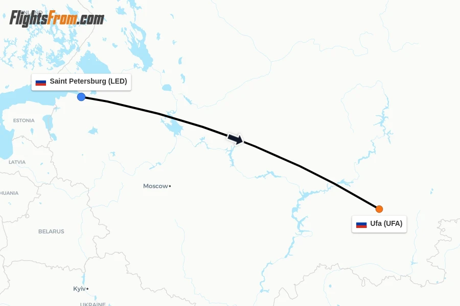 Flights from Saint Petersburg to Ufa route map