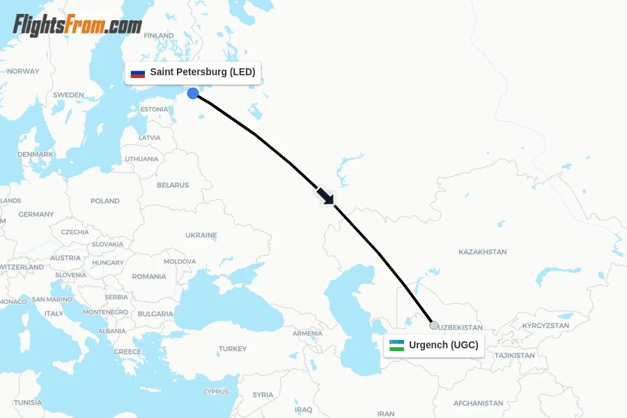Flights from Saint Petersburg to Urgench route map