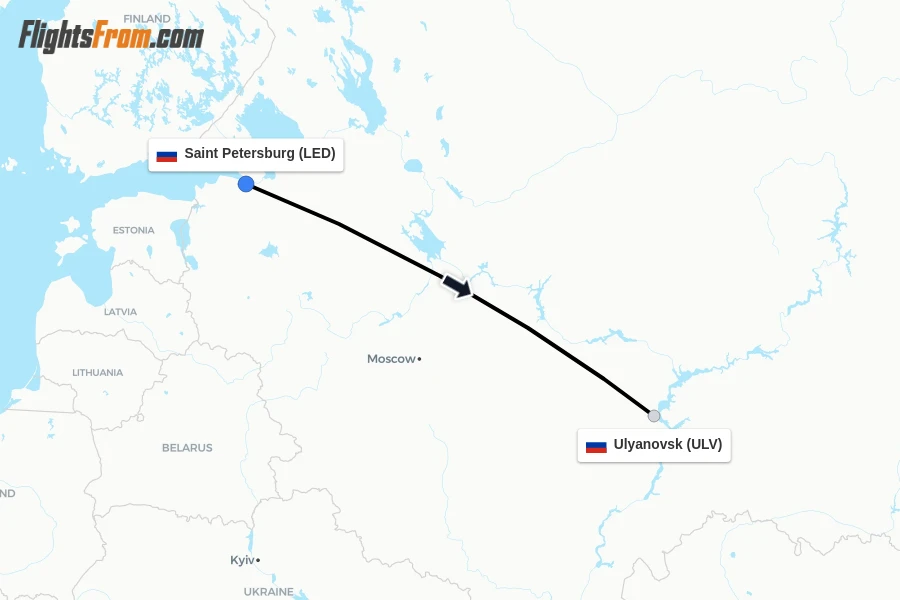 Flights from Saint Petersburg to Ulyanovsk route map