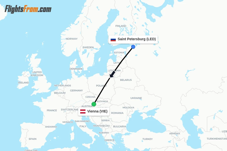 Flights from Saint Petersburg to Vienna route map
