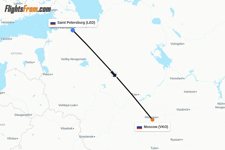 Flights from Saint Petersburg to Moscow route map