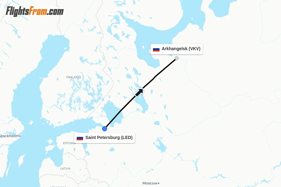 Flights from Saint Petersburg to Arkhangelsk route map