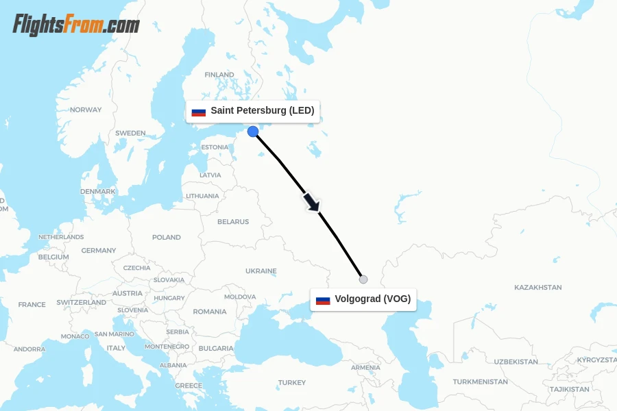 Flights from Saint Petersburg to Volgograd route map
