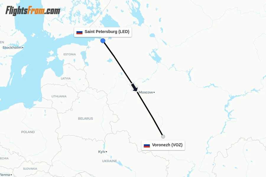 Flights from Saint Petersburg to Voronezh route map