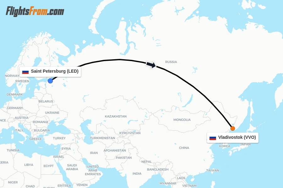 Flights from Saint Petersburg to Vladivostok route map