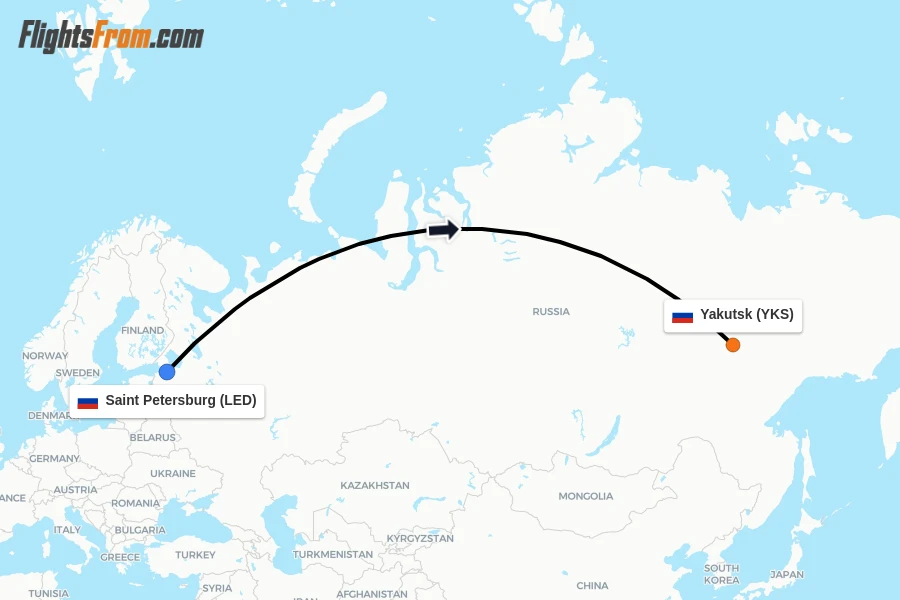 Flights from Saint Petersburg to Yakutsk route map