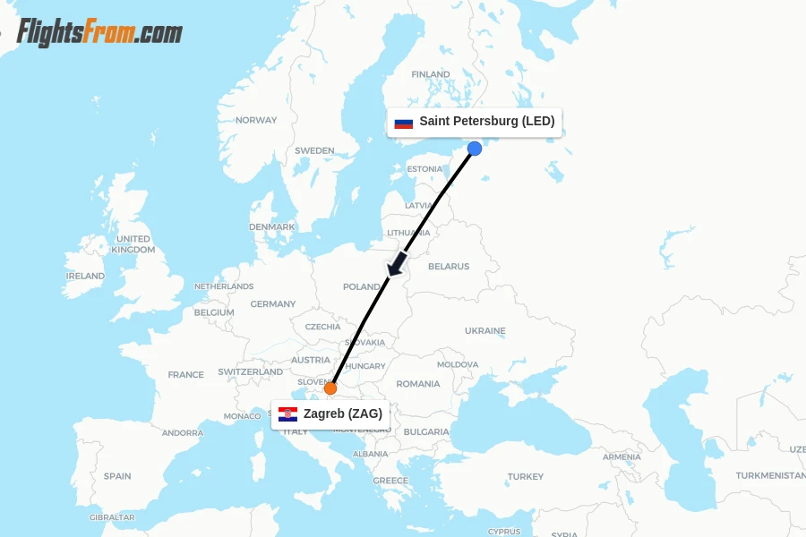 Flights from Saint Petersburg to Zagreb route map