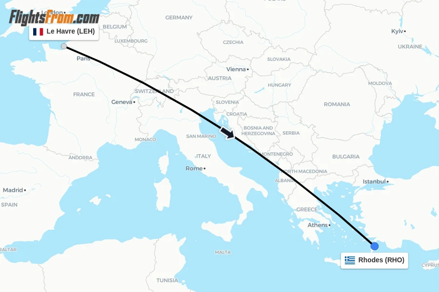 Flights from Le Havre to Rhodes route map
