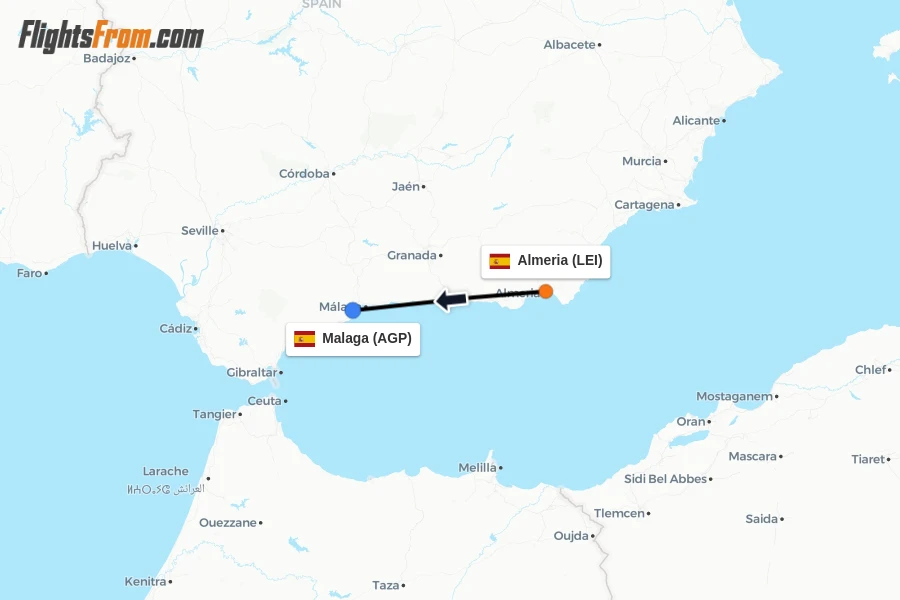 Flights from Almeria to Malaga route map