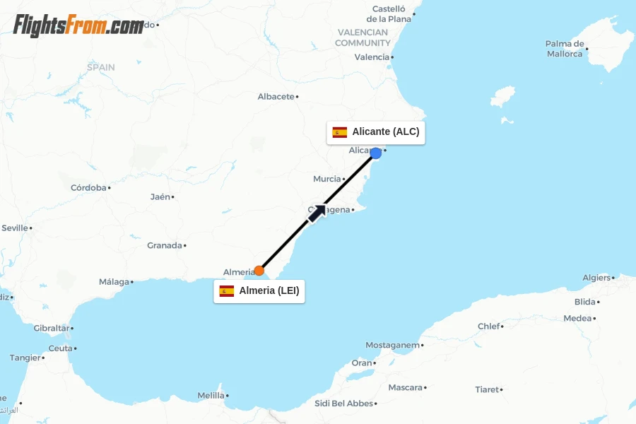 Flights from Almeria to Alicante route map