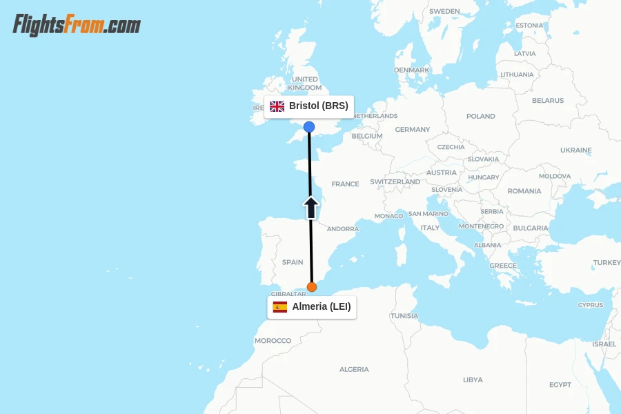 Flights from Almeria to Bristol route map