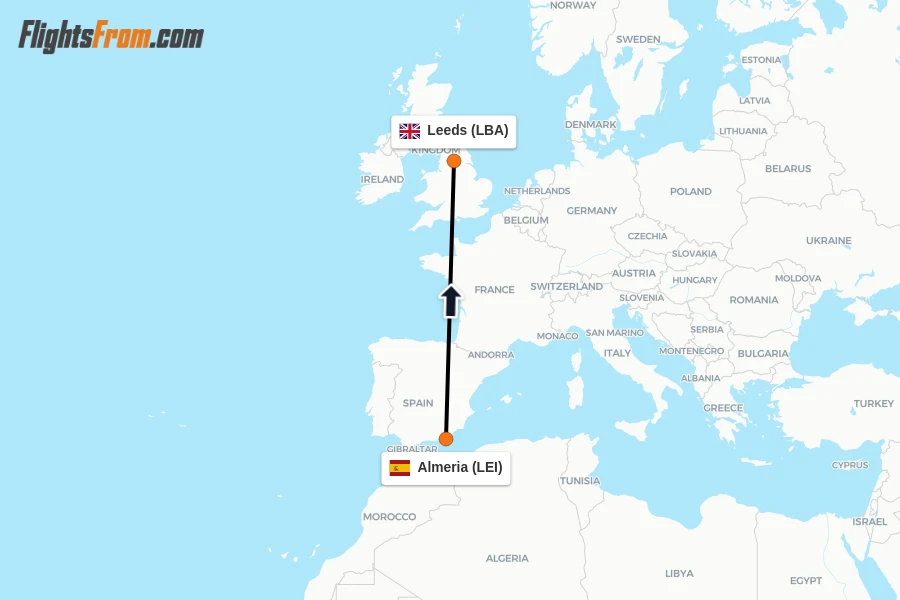 Flights from Almeria to Leeds route map
