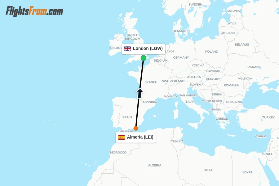 Flights from Almeria to London route map