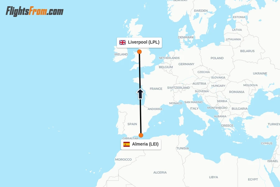 Flights from Almeria to Liverpool route map