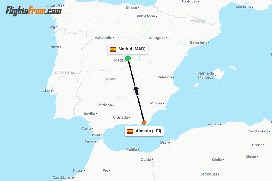 Flights from Almeria to Madrid route map