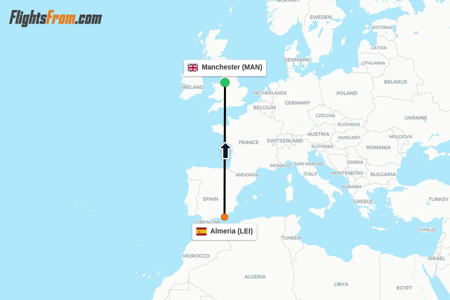 Flights from Almeria to Manchester route map