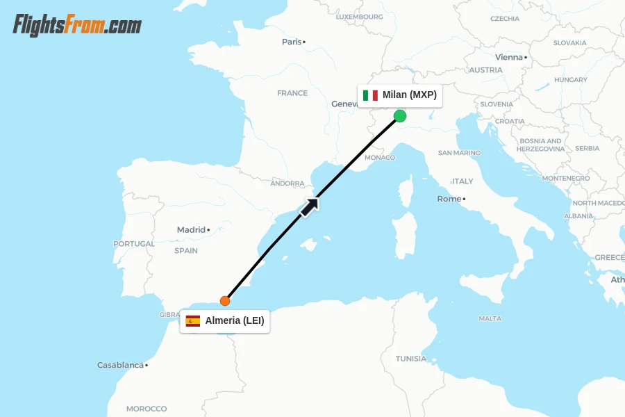 Flights from Almeria to Milan route map