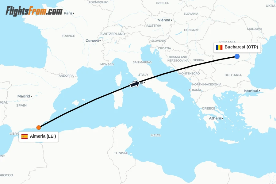 Flights from Almeria to Bucharest route map