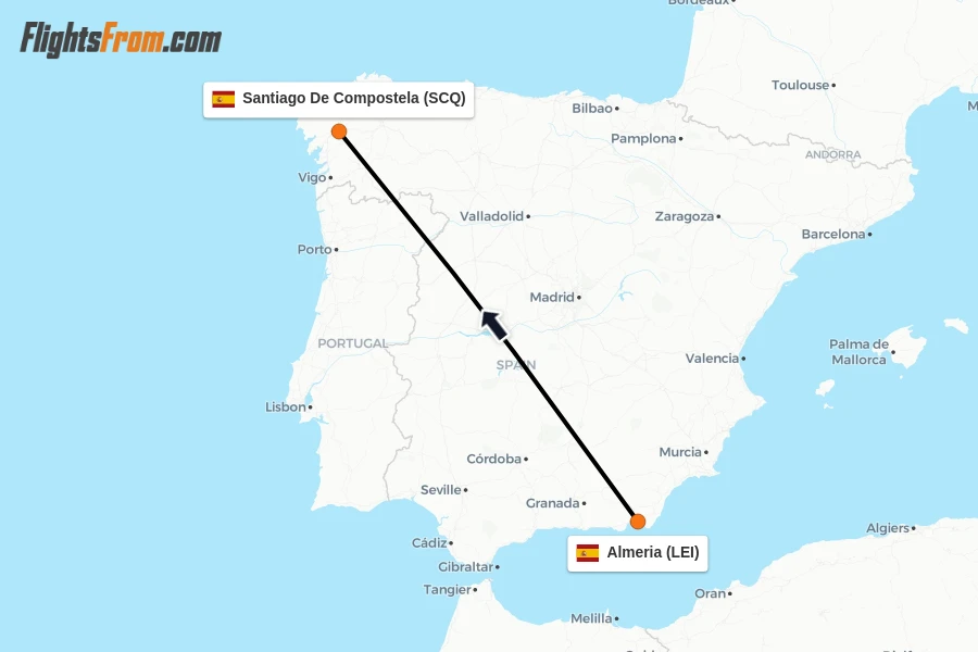 Flights from Almeria to Santiago De Compostela route map