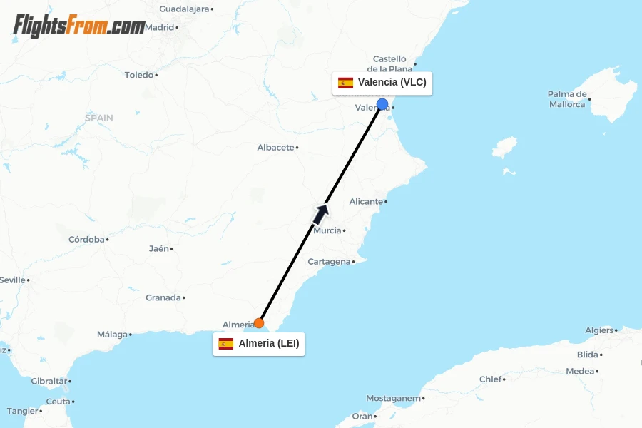 Flights from Almeria to Valencia route map