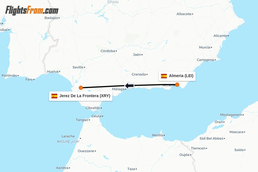 Flights from Almeria to Jerez De La Frontera route map