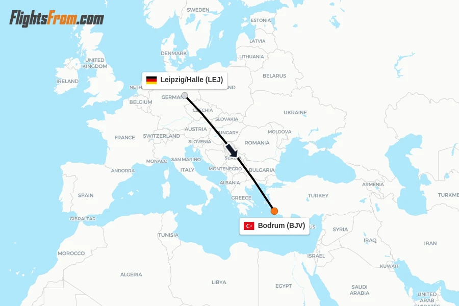 Flights from Leipzig/Halle to Bodrum route map