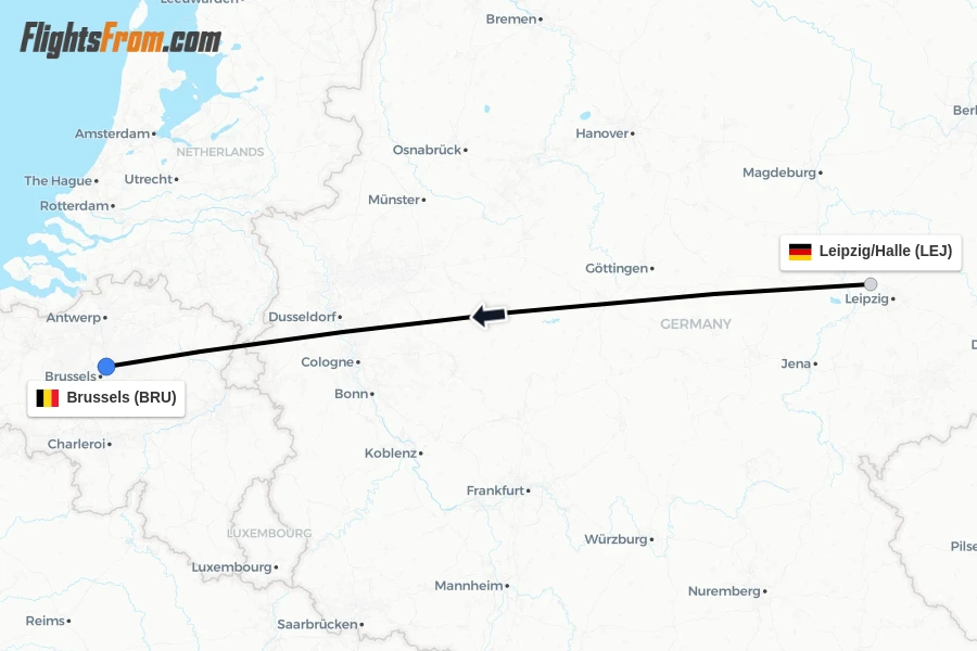 Flights from Leipzig/Halle to Brussels route map