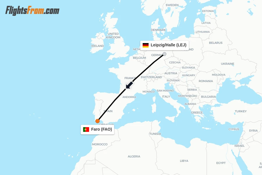 Flights from Leipzig/Halle to Faro route map