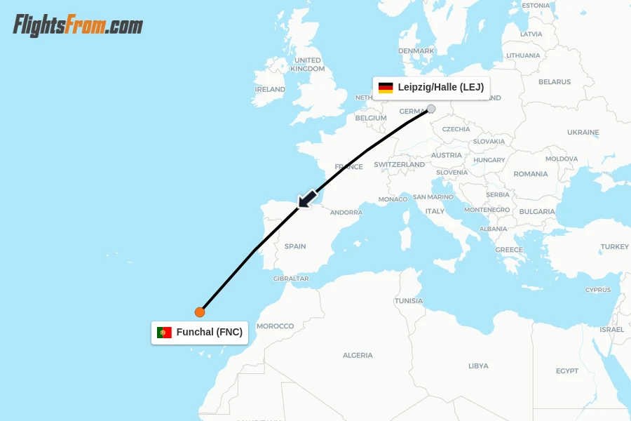 Flights from Leipzig/Halle to Funchal route map