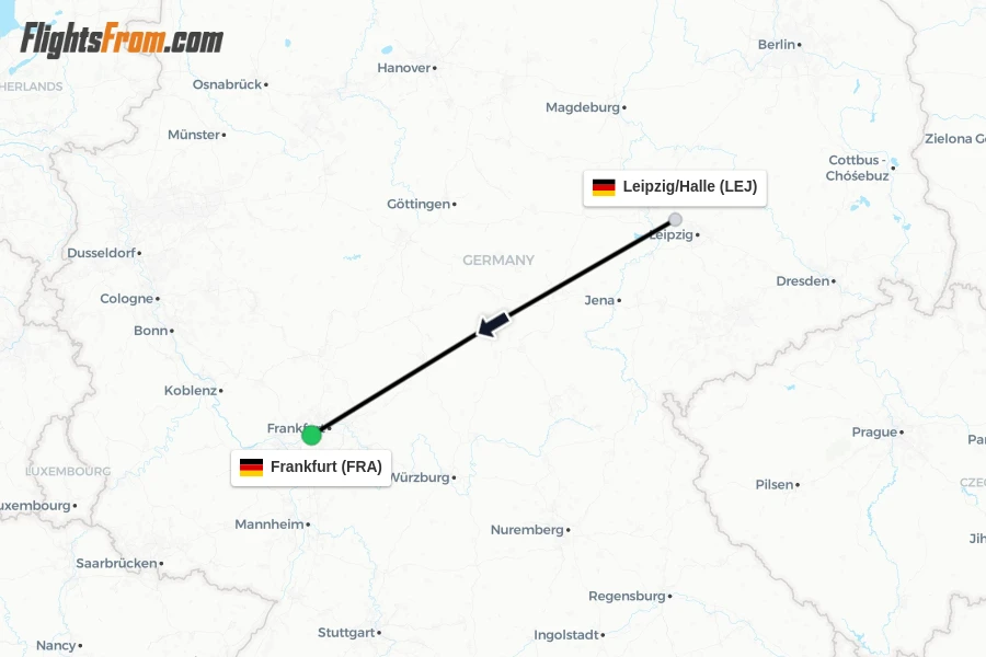 Flights from Leipzig/Halle to Frankfurt route map